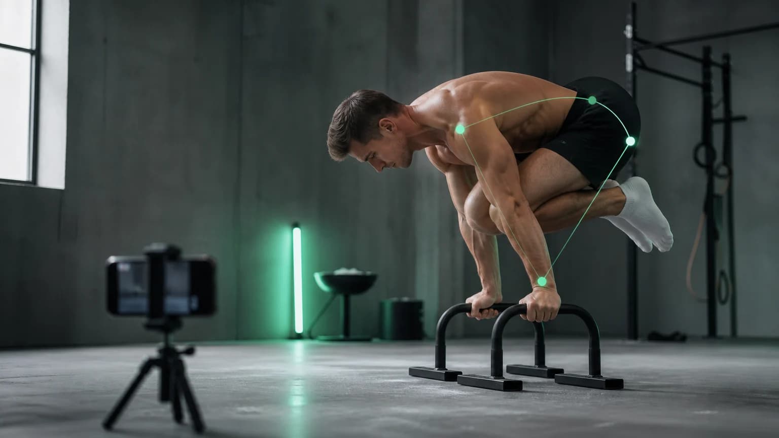 Calisthenics athlete records a tuck planche while alignment points mark the movement