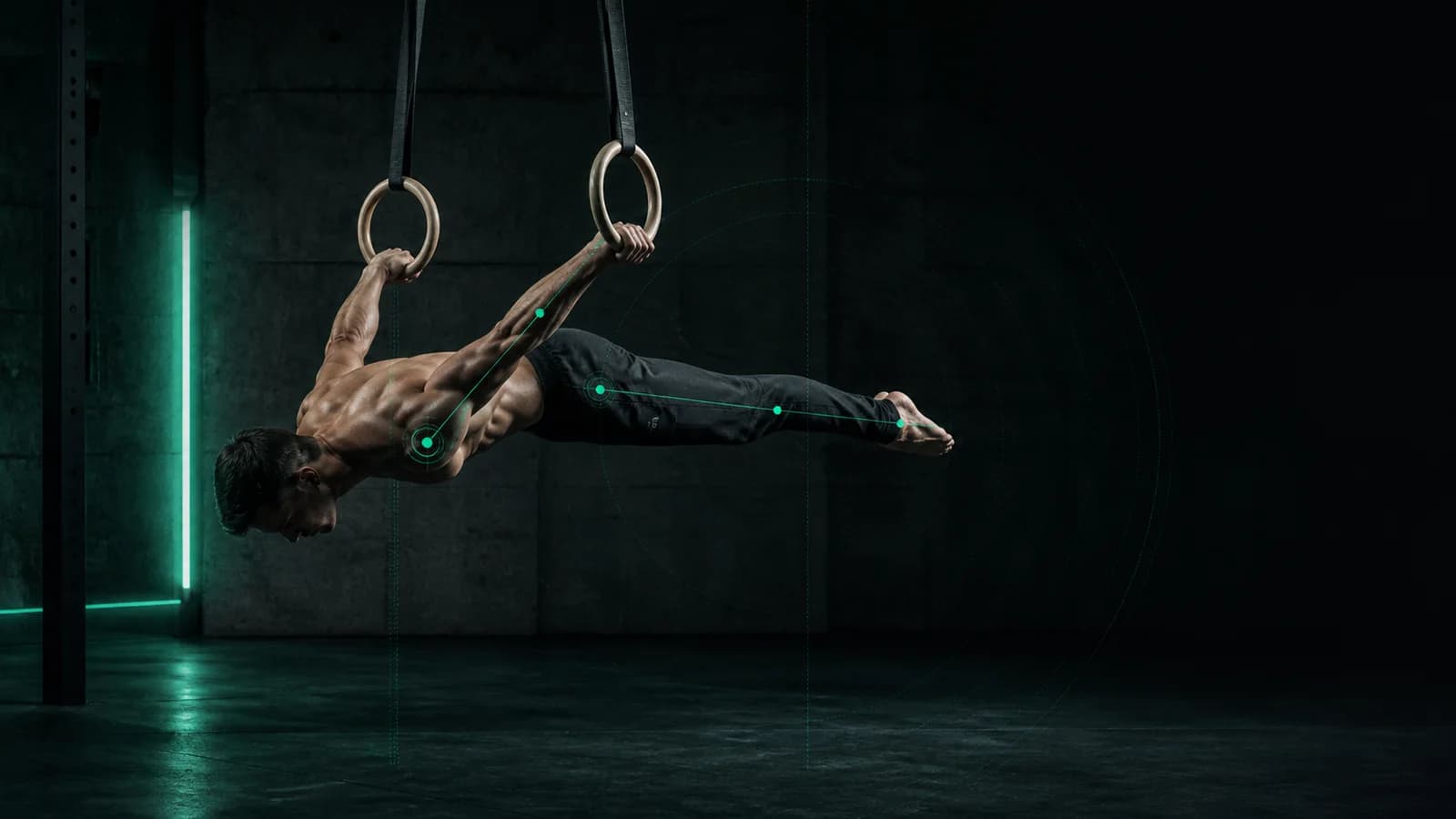 Calisthenics AI analysis view of an athlete holding a straight-body back lever on rings