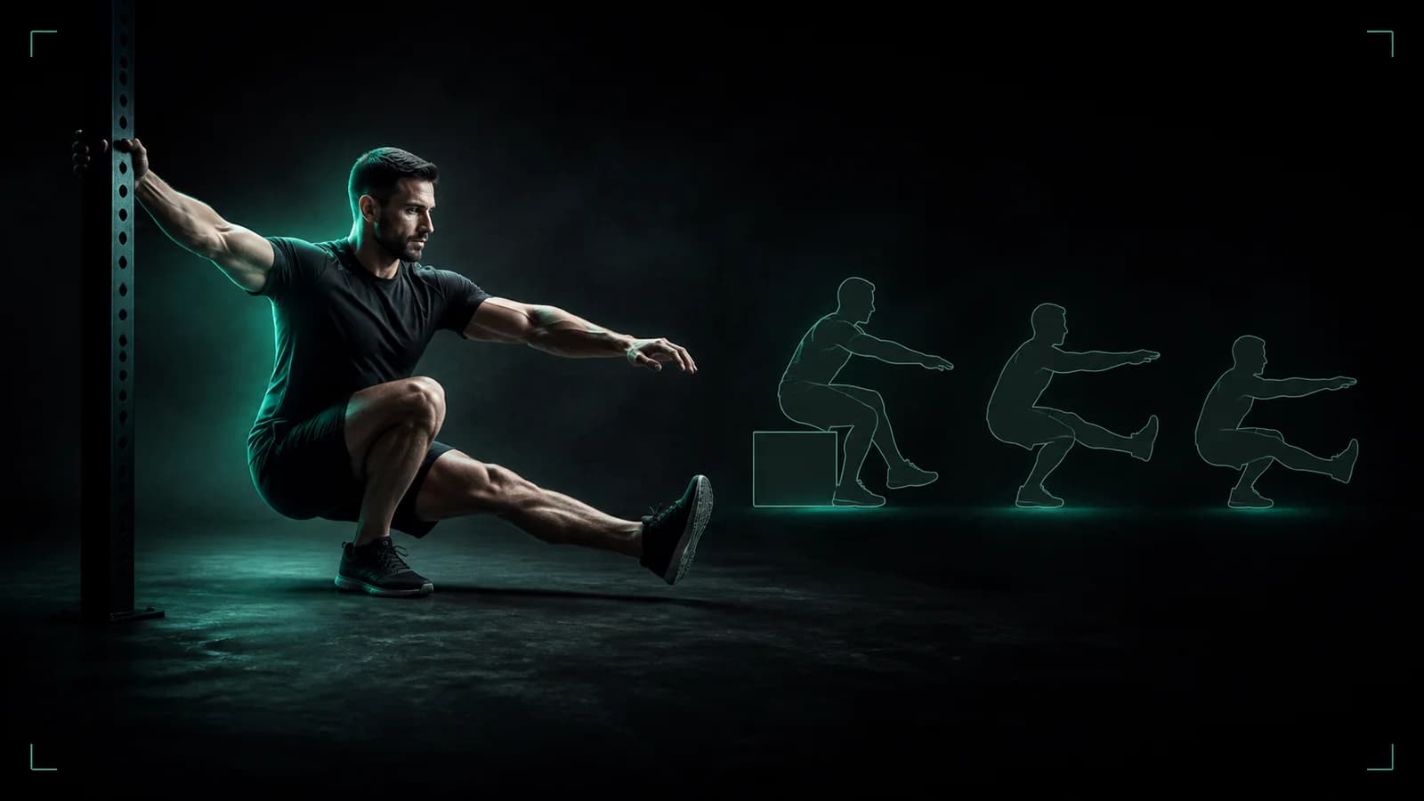 Sportowiec wykonuje wspierany przysiad pistoletowy obok miętowych obrysów skrzyni, obciążenia przeciwwagą i pełnych progresji